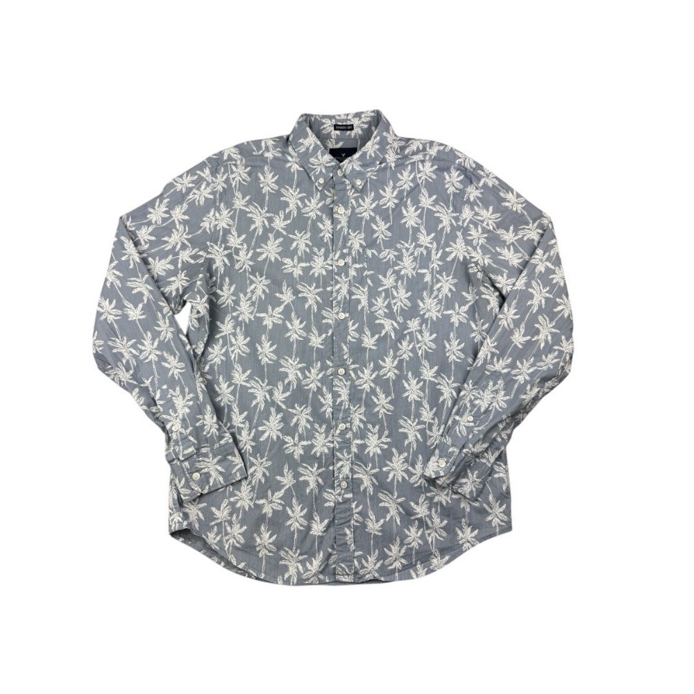 American Eagle Seriously Soft Men's L Palm Tree Print Button Down Shirt Blue